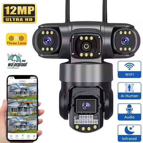 Outdoor WIFI surveillance camera 3 Len 3 screen 12MP 6K HD Night Vision PTZ Security Protection CCTV