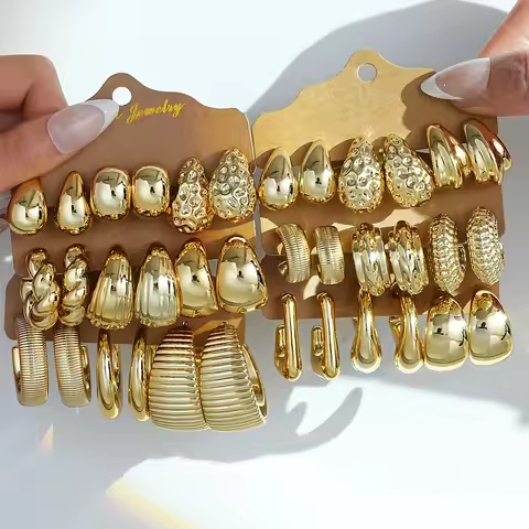 18Pcs Vintage Exaggerated Gold Teardrop Earring Set for Women Multi Textured CCB Hoop Earrings Club 