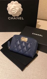 全新正品 Chanel 深藍色荔枝牛皮 零錢包 卡夾 卡包 短夾