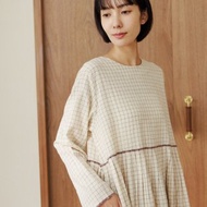 印度長袖格紋手織布洋裝_米白