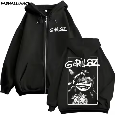 2026 New Fashion Oversized Rock Band Gorillaz Graphic Print Hoodie Zipper Men Women Jacket Hiphop St