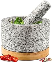 Heavy Duty Mortar and Pestle Set with Bamboo Base, Large 2 Cups, 100% Natural Granite Mortar and Pestle Large Stone Grinder Bowl, Molcajete Bowl, Masher Guacamole Bowls, Unpolished Grey