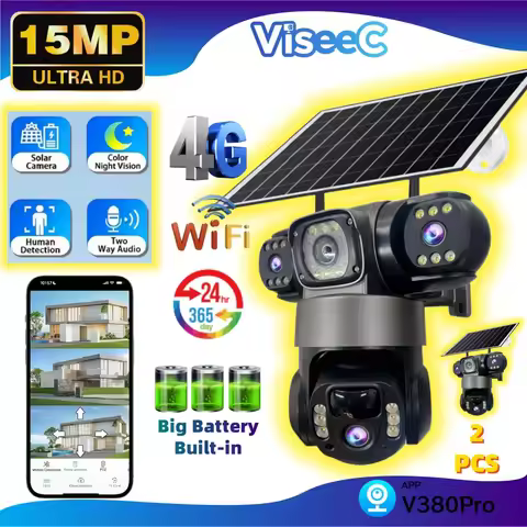 2 pcs 3 Lens WiFi Solar Camera 15MP 360 Outdoor Waterproof CCTV Night Vision Two-Way Audio Camera Mo