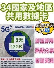 CSL - 澳洲，紐西蘭，關島，馬爾代夫等34國家及地區8天數據卡 5G 12GB後限速 漫遊數據咭 數據共用 電話卡/上網卡/數據卡