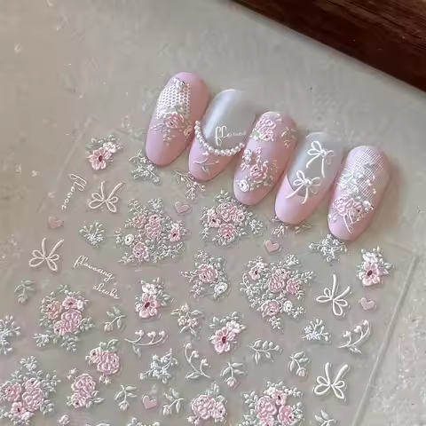 3D Relief Pink Flower Nail Stickers Shiny Laser 3D Bow Nail Decals Adhesive Pink Heart Butterfly