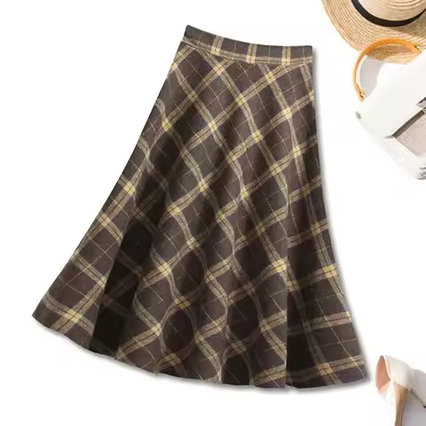 Coffee Plaid Striped Vintage High Waist A-line Loose Women's Skirt Mid-Calf Long Big Skirts For Wome