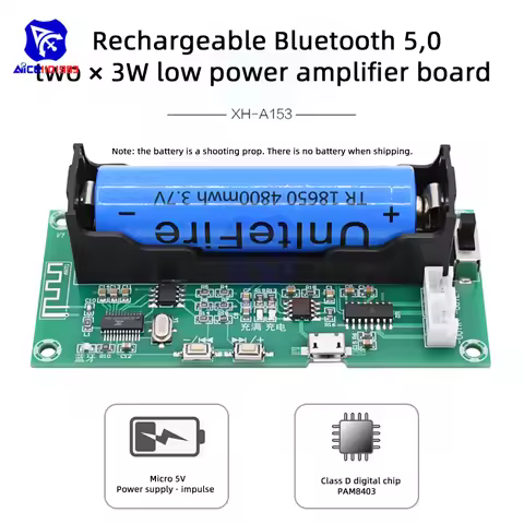 2 Channel XH-A153 Lithium Battery Bluetooth 5.0 Dual-channel Stereo Low Power Amplifier Board 3W+3W 