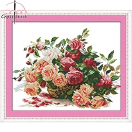 Cross Stitch Complete Set A Basket Of Roses Printed Unprinted Aida Fabric Canvas 11CT 14CT Stamped Counted Cloth Simple For KIds Beginner Small Size Lover Gift DIY Needlework Handmade Embroidery Home Room Decor Sewing Kit