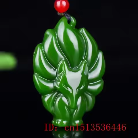 Natural Green Jade Lock Nine Tailed Fox Pendant Necklace Charm Jewellery Fashion Hand-Carved Man Luc