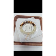 Natural Tiger's Eye & Lemon Citrine Bracelet, 5 Elements Lucky Charm, Gold Gourd Pendant, Fashion He