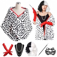 Women's Cruella Deville 6 Pieces Short Dalmatian Print Shawl Red Gloves Pearl Necklace Halloween Cos