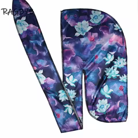 High Quality Thick Silk Durag Floral Printing Silky Durags Bandanas for Men Hair Wave Cap Long Tail