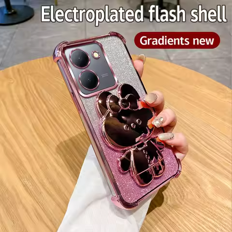 Cover For Vivo Y36 Y35 Y31 Y28 Y33 Y32 Y30 Phone Case Pink Glitter Rabbit Mirror Stand Four Corner A