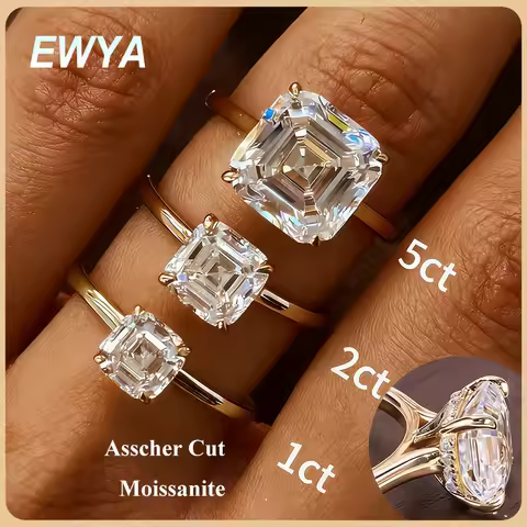 EWYA Asscher Cut 1/2/3/5CT 3EX Moissanite Solitaire Engagement Rings for Women s925 Silver Bridal Hi