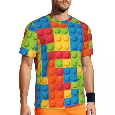 Colorful Building Brick Pattern Running T Shirt Legos Textures Hippie T-Shirts Men Y2K Basic Tee Shi