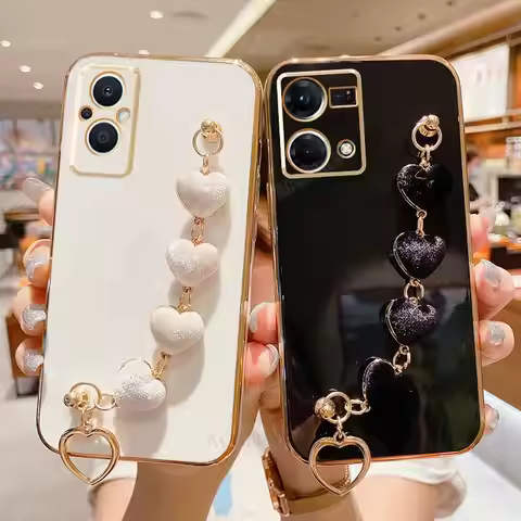 Reno7 4g Love Heart Bracelet Case For Oppo Reno 7 5 6 8 Lite 7lite 8t Reno6 Reno5 Chain Plating Sili