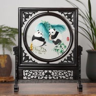 Chinese Silk Embroidery Panda Screen Double-Sided Handmade Decoration Traditional Decorative Gift