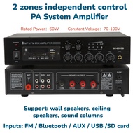 2 Zones Bluetooth Power Amplifier Constant Voltage AMP 70V 100V Wall Speaker PA System FM USB Player