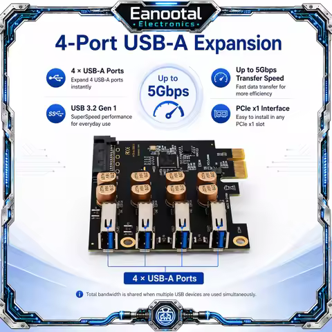 PCIe to USB 3.0 Expansion Card 4 Port USB-A PCI-E x1 Adapter SATA/4Pin/No Power Optional 5Gbps High 