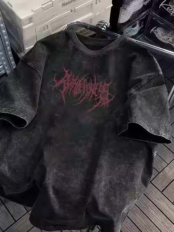 Y2K Grunge Oversized T-Shirt Men Gothic Font Print Heavy Cotton Washed Black Streetwear Harajuku Sho