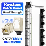 AMPCOM 1U 24-Port Keystone Patch Panel STP แบบยึดแร็คพร้อมแถบจัดระเบียบสายเคเบิลด้านหลัง โหลดเต็ม 24