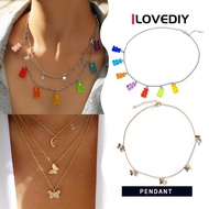 [ILOVEDIY] Ladies Vintage Multilayer Pendant Butterfly Necklace for Women Butterflies Moon Star Charm Choker Necklaces Boho Jewelry Christmas Gift