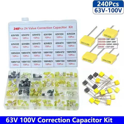 240Pcs Correction Capacitor Assorted Kit 24Values x 10Pcs 100V 102J-105J Polypropylene Safety Plasti