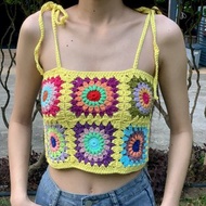 女士奶奶方格鉤織修身無袖露臍上衣 波希米亞風格