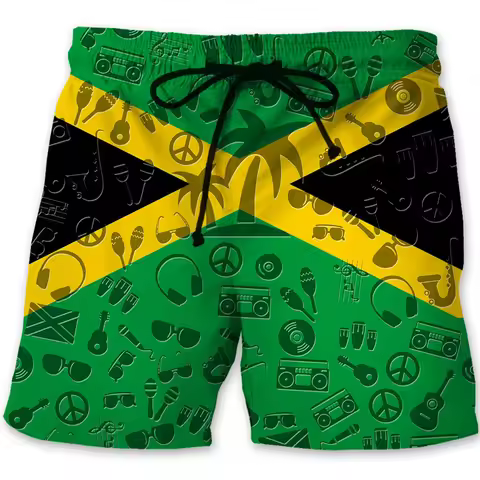 Jamaica 3D Printed Beach Shorts For Men Jamaican Flag Pattern Surf Board Shorts Summer Vacation Swim