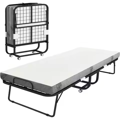Portable Folding Bed with 4 Foam Mattress, Long Twin Size, Space-Saving Steel Frame, 79 x 35, White