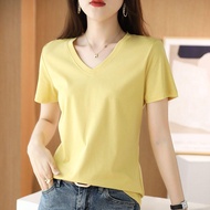 Hot Sale Popular King💥80 Mercerized Cotton Short Sleeve T-shirt Women White v-Neck Summer Pure Cotto