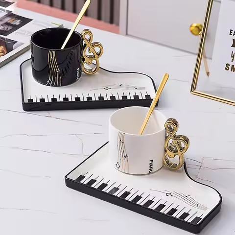 200ml European Ceramic Coffee Cup Saucer Piano Black and White Key Mug Home Latte Coffee Cup Delicat