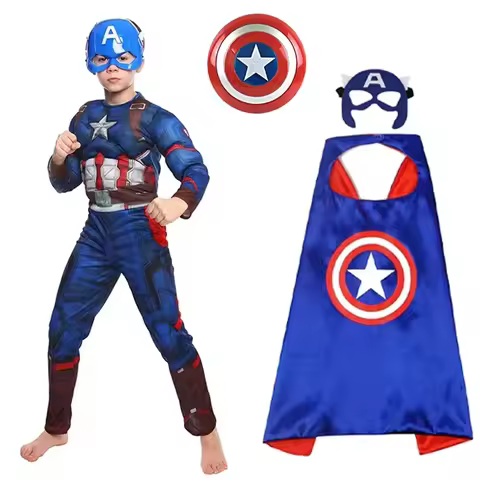 Captain America Muscle Costume Superhero Captain America Muscle Jumpsuit Shield Cape Outfits Hallowe