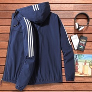 [M-8XL] Men Windbreaker Jacket Korean Striped Plus Size Hooded Jaket Lelaki