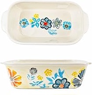 9.6x9.6inch Floral Baking dish, Square Baking Pan, Ceramic Casserole Dishes, Cake Pan with Handle, 2