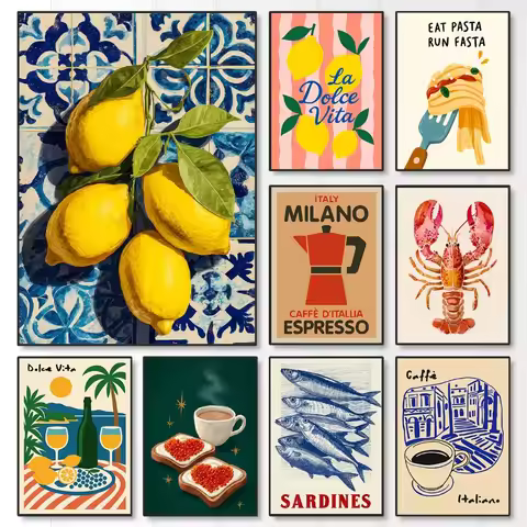 Minimalist Italy-Food Milano Espresso Coffee Lemon Lobster Spagetti Poster Canvas Painting Wall Art