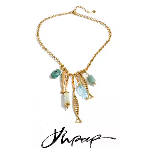 Yhpup Ocean Style Stainless Steel Natural Stone Resin Fish Drop Charm Necklace Waterproof Statement 