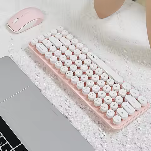 MOFII Idol Pink Wireless Keyboard & Mouse Combo, Retro Round Keycaps, Compact Office Set for Girls, 