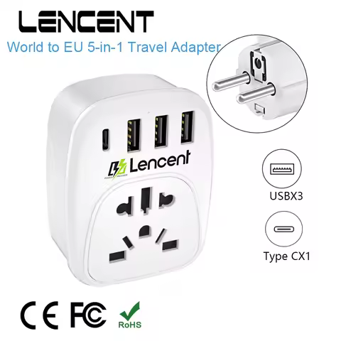 LENCENT World to EU Travel Adapter with 1 AC Outlet 3 USB 1 Type C Port Power Adapter Overload Prote