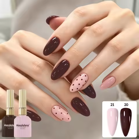 Hassleless 2Pcs Two-Tone Nail Polish Gel Set: Light Nude Pink, Wine Red, Brown, Soft Low-Saturation 