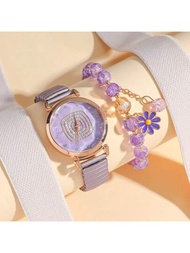 時尚甜美甜甜圈鑽石錶盤石英錶+珠子雛菊手鐲套裝