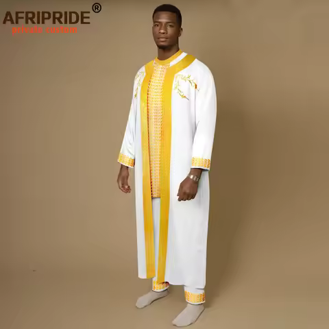African Men Clothing Embroidery Agbada Robes Shirts and Pants 3 Piece Set Dashiki Wear Traditional G