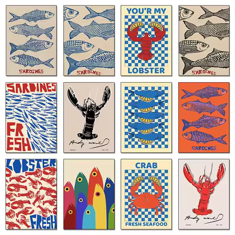 Colorful Sardine Lobster Crab Fish Ocean Animal Poster Canvas Painting Vintage Wall Art For Kitchen 