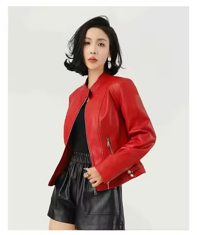 Fashion women's leather jacket PU short jacket stand collar autumn thin leather jacket red motorcycl