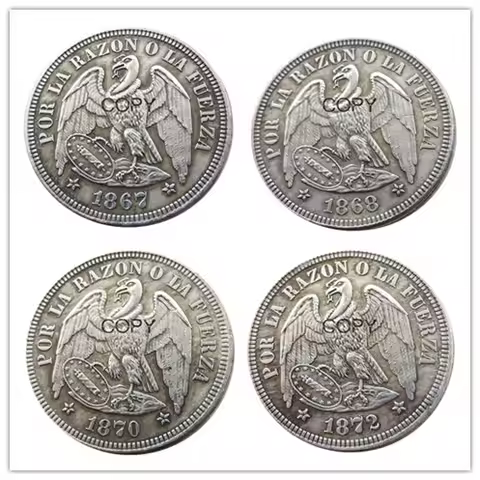 Chile A Set of (1867-1872) 4pcs 0.5PESO Silver Plated Copy Coins