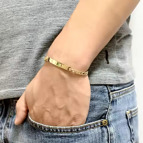 18K Gold Plated Bracelet Stainless Steel 6MM ID Bangle 8" Curb Cuban Link 20cm for Men Women Jewelry