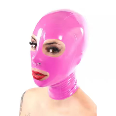 Cute Pink Latex Hood Mask Female Catsuits Full Cover Mask Back Zipper Handmade Fetish Club Wear Rubb