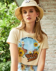 Wila-Sunflower T-shirt เสื้อยืด cotton 100% หนากลาง สัมผัสดี คอกลม ทรงตรงสั้น แขนสั้น สีครีม สกรีนลาย Wila Font &amp; กวาง ในสไตล์ Vintage High school ยุค 90’s