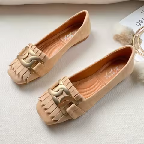 Flat Shoes Woman Retro Tassels Square Shallow Single Shoes for Women 2023 New Metal Buckle Flat Loaf