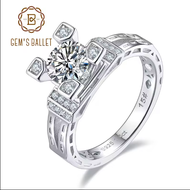 GEMS BALLET 925 Sterling Silver Moissanite Ring 1ct Round & Baguette Moissanite Engagement Ring Sett